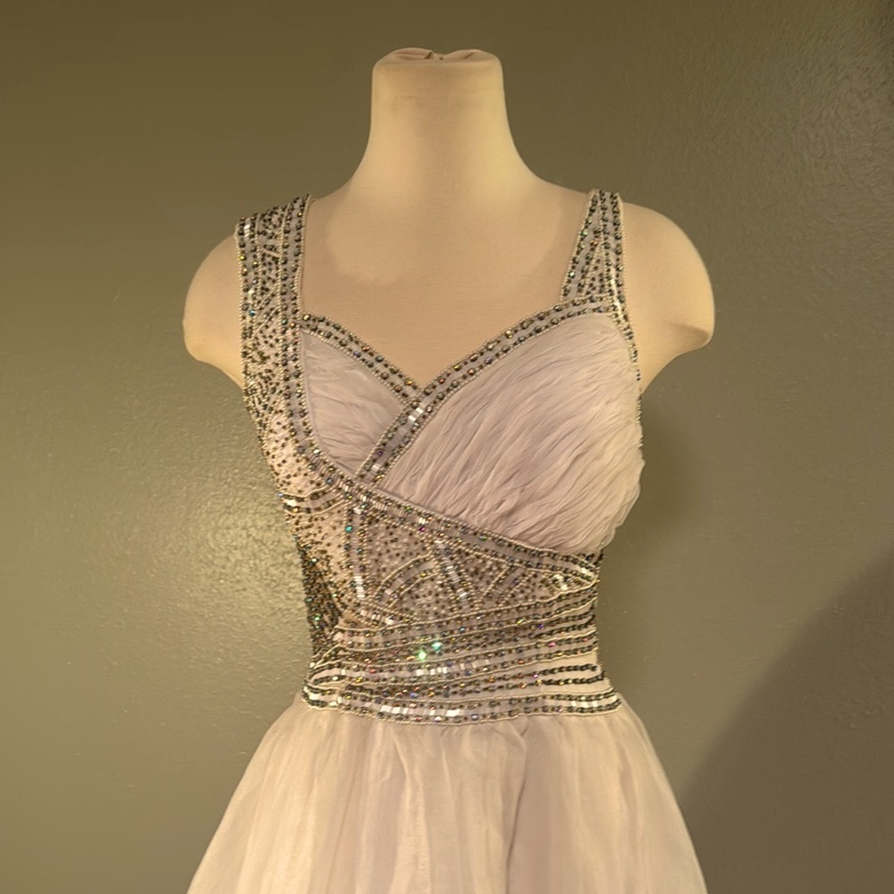 White prom evening gown with rhinestones